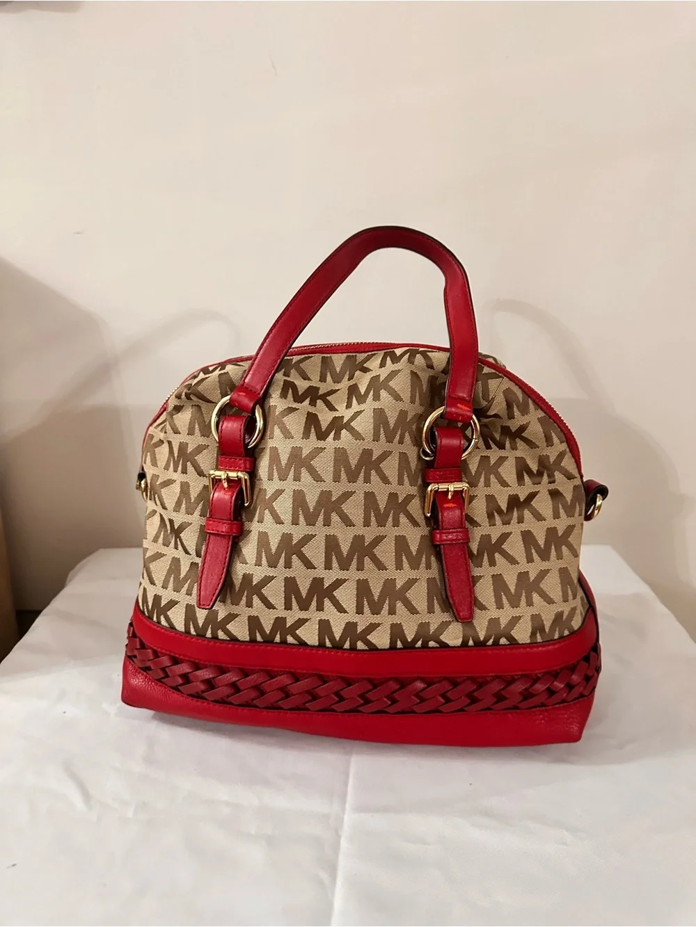 Michael Kors Beige MK Monogram Satchel with Red Trim